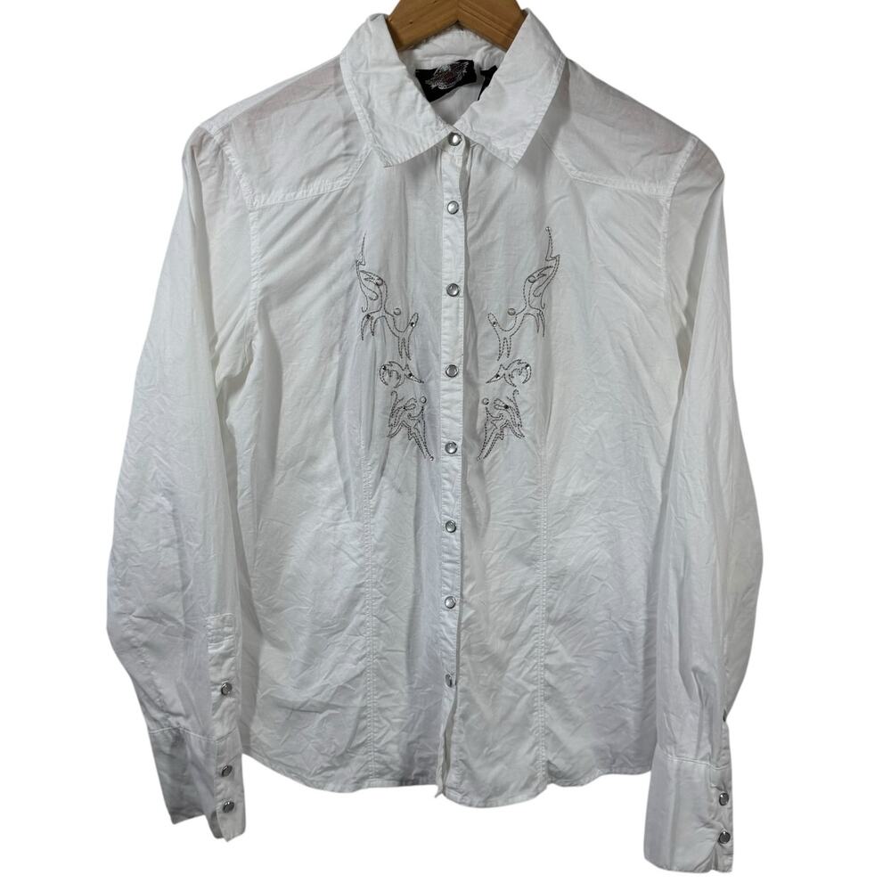Harley Davidson Top Women S White Silver Pearl Snap Bling Biker Embroidery‎ Moto